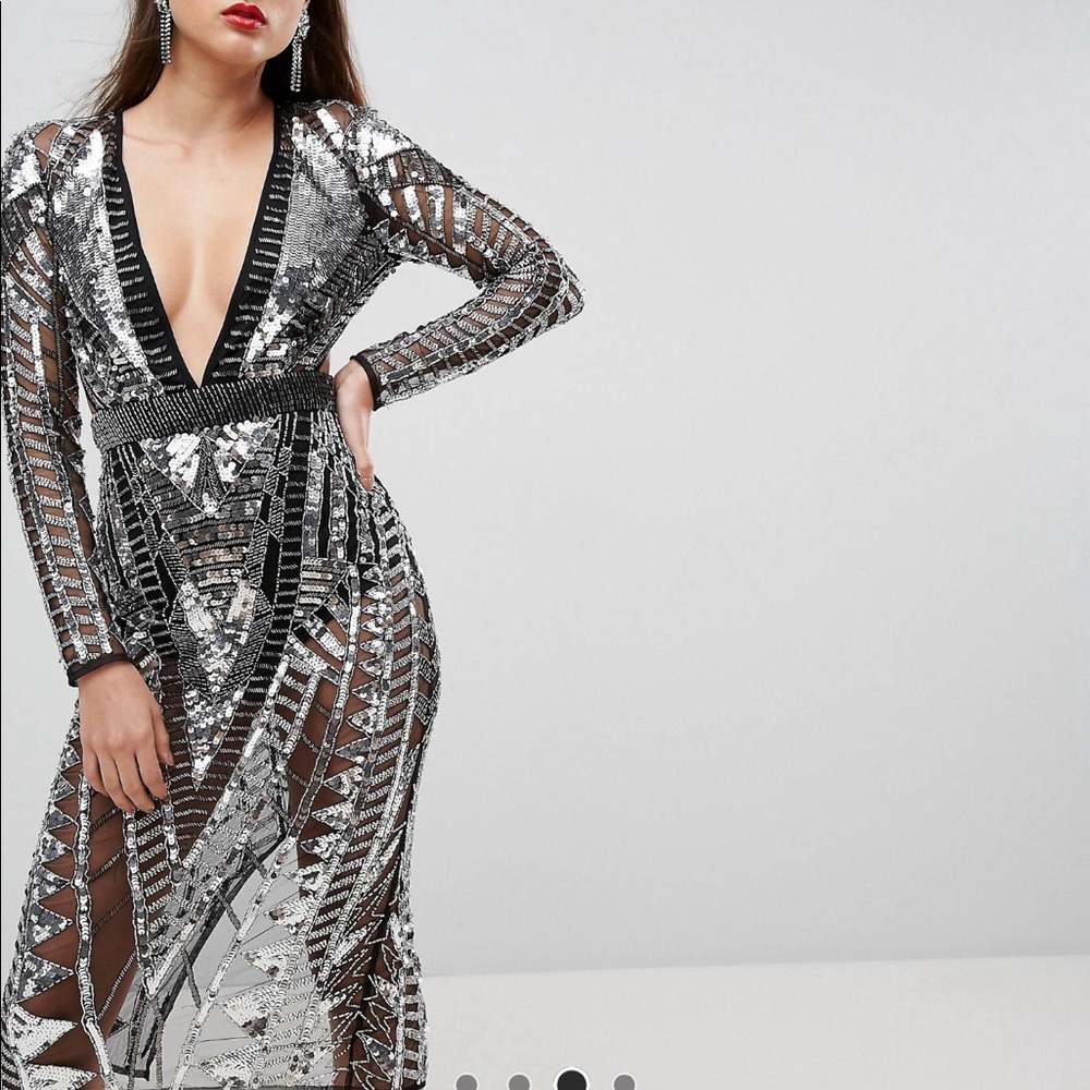 Geo Embellished Paneled Cut Out Back Midi Dress